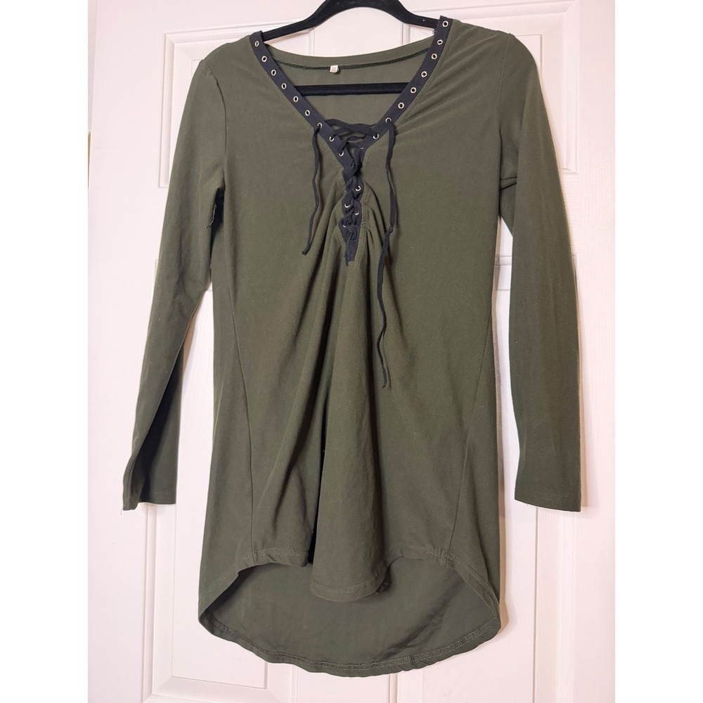 Y2K Olive Green Lace Up Grommet Tunic Top Long Sleeve Size Medium